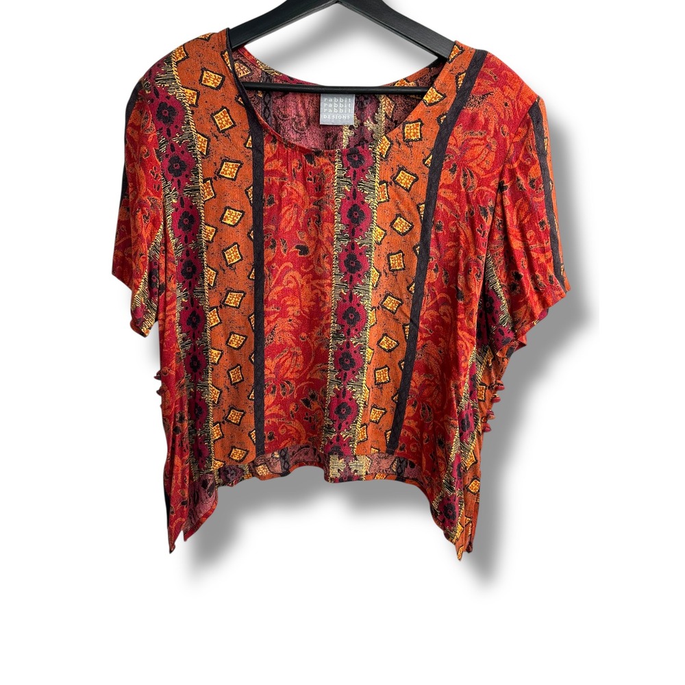 Rabbit Rabbit Rabbit Designs Vintage Boho Rayon Print‎ Blouse Red Orange 12P